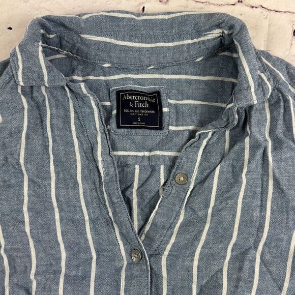 Abercrombie & Fitch Shirt Womens Small Button Up Top Striped Knot Hem Linen Blue - Picture 2 of 7